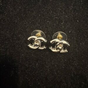 CHANEL Silver and Gold Interlock CC Logo Earrings
